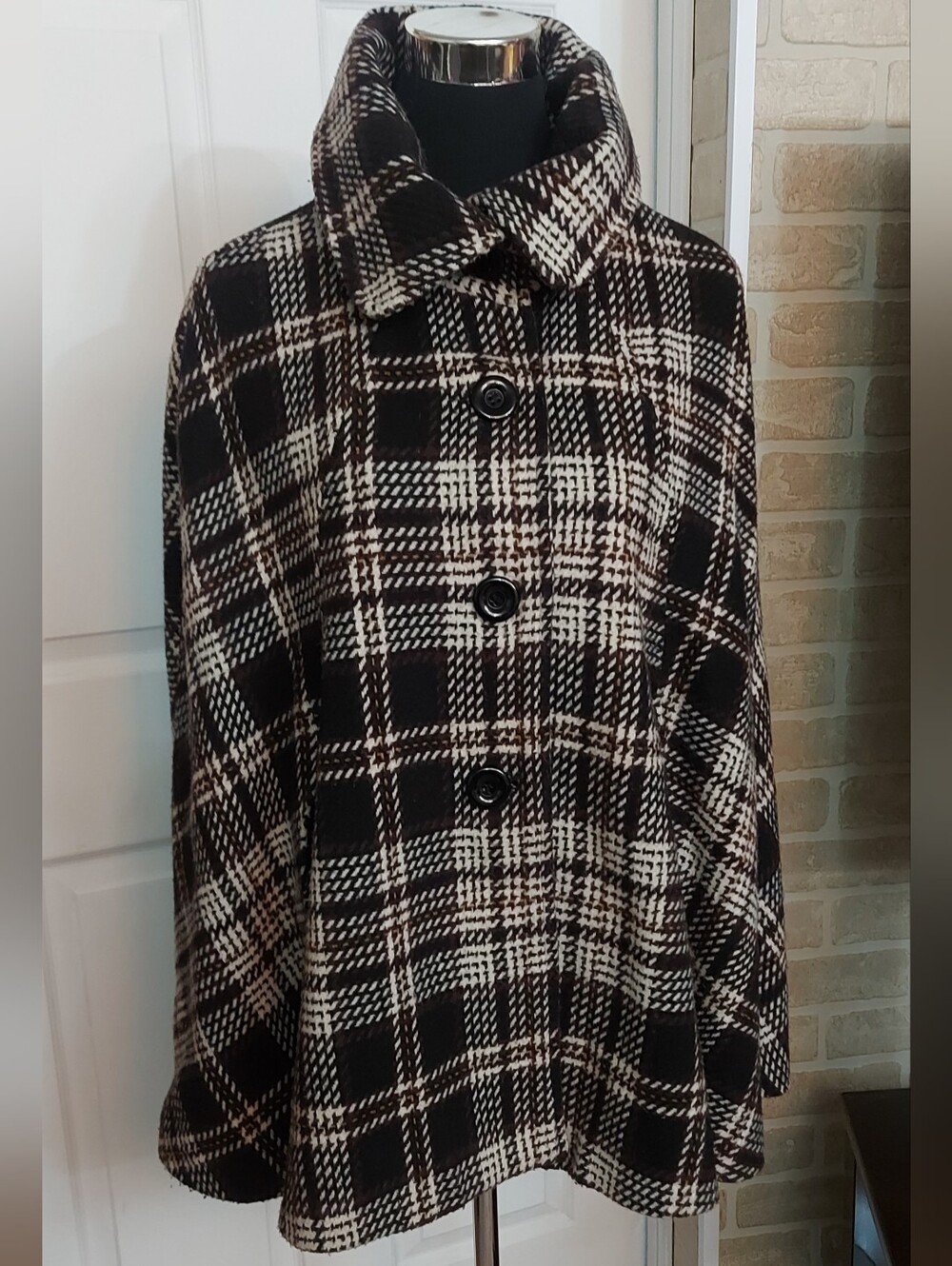 Cejon Plaid Cape Coat Wool Blend Large Collar M/L